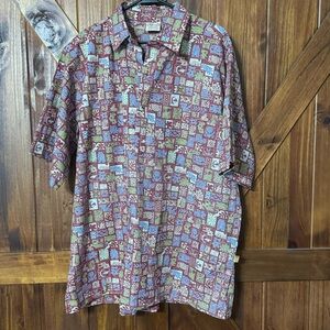 Go Barefoot Hawaiian Blocks Pullover Button Up (Red) XL